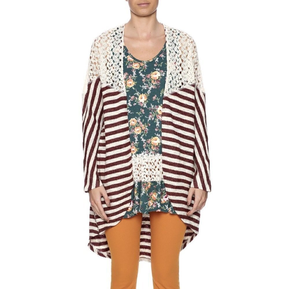 Umgee Womens Open Front Crochet Lace Cardigan Duster Open Front Striped Sz M